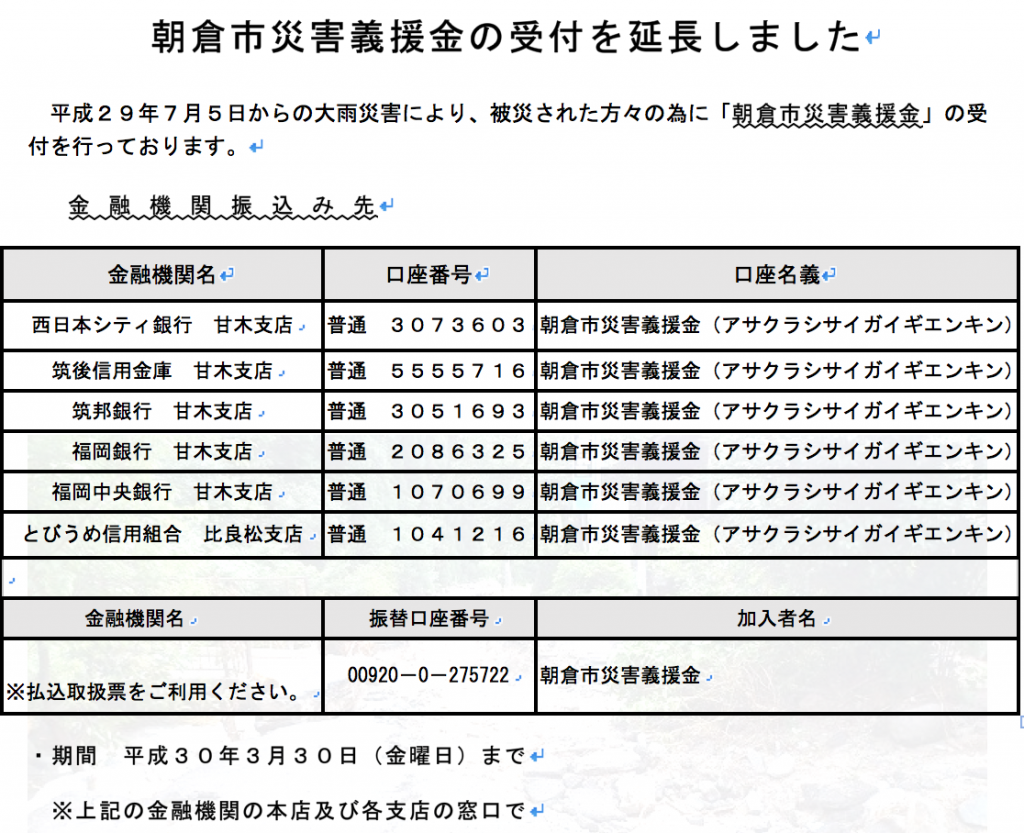 朝倉市,募金,寄付,朝倉,災害,polca,